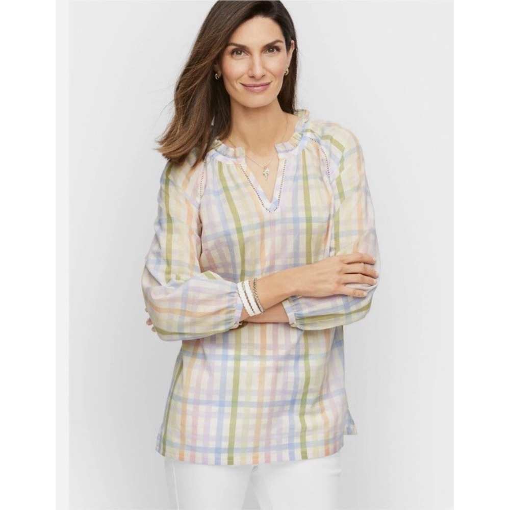 Talbots Popover Rainbow Pastel Plaid Size Medium Petite‎ Spring Peasant Easter